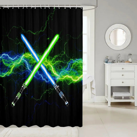 Lightsaber Shower Curtain Neon Glow Lightning Theme For Video Game Fans Kids Teens Waterproof Polyester Curtain 72x72 With 12 Hooks Cool Black Decor Ready