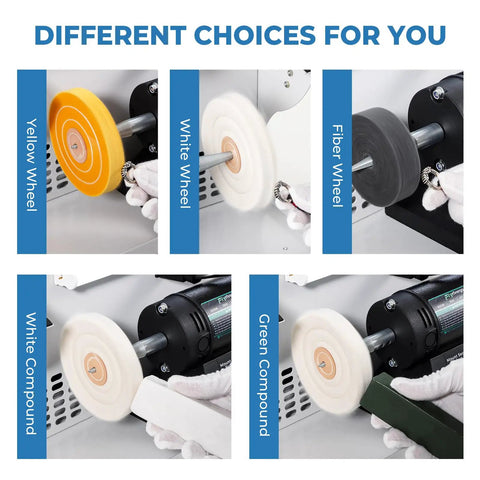 Different polishing wheels for Heavy Duty 800W Jewelry Polishing Machine Features Bulletproof Iron Build And Wide Base For Zero Wiggle Smooth Operation And Rapid Stone Shine Up For Pros And Weekend Warriors.