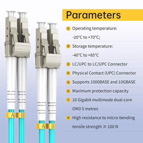 Tight LC To LC Fiber Patch Cable OM3 Multimode Duplex 5M 16.4Ft LSZH Low Smoke Flame Retardant Jacket For 10G SFP Plus Networking Switches Plug And Play Smooth Transfer Setup with detailed parameters.