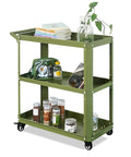 3 Tier Rolling Tool Cart With Lockable Silent Wheels And 330 Lbs Capacity, Heavy Duty Metal Service Cart in green, side view