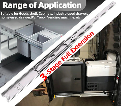 Two Piece Set 22 Inch Full Extension Ball Bearing Drawer Slides Shrug Off Two Hundred Pounds Heavy Duty Cabinet rails mounted in RV.