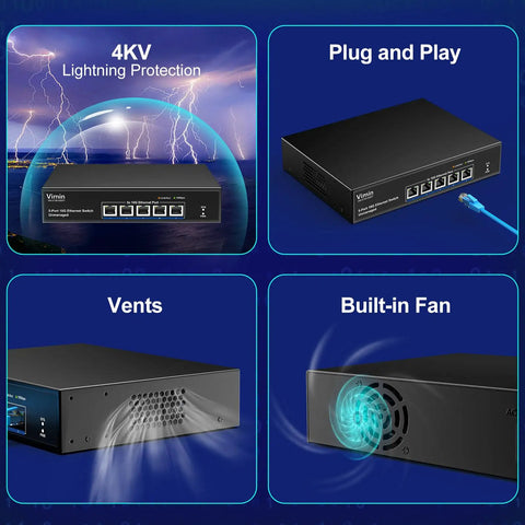 Beefed Up Five Port 10G Ethernet Switch With Auto Negotiation and Base T RJ45 Ports, highlighting plug and play and built-in fan.
