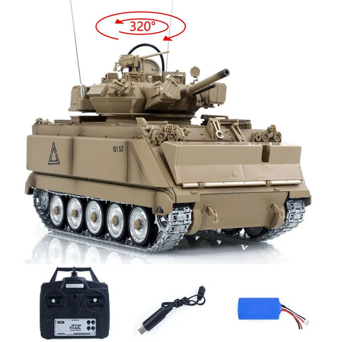 1/16 Scale Remote Control M113A1 MRV Tank With Infrared Barrel Recoil, shown with 320° turret rotation, controller, and battery