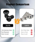 Product comparison of Top Shelf Black Stainless Steel License Plate Screws M5 Thread vs. OEM screws, highlighting rust resistance.