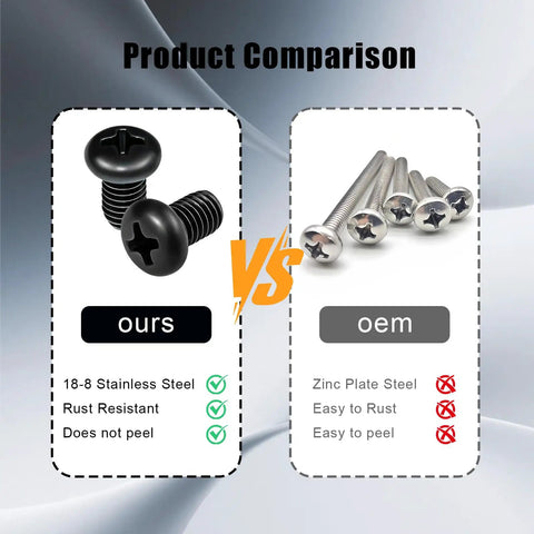 Product comparison of Top Shelf Black Stainless Steel License Plate Screws M5 Thread vs. OEM screws, highlighting rust resistance.