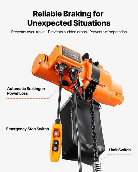Electric Chain Hoist 1100 Lbs With 20 Ft Lift Height 120V 60Hz, focus on emergency stop switch and chain mechanism