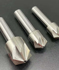 Three 30mm 120-degree HSS chamfer end mills with straight shanks