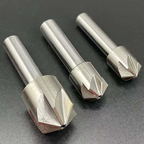 Three 30mm 120-degree HSS chamfer end mills with straight shanks