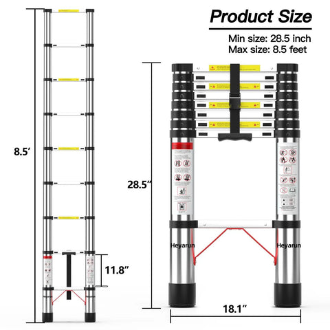 8.5 Ft Telescoping Aluminum Ladder With 330 Lb Capacity, Foldable Retractable Extension Ladder For Home Chores Attic Roof RV And Outdoor Cleaning, Stable Locking System For Safe Easy Climb, shown folded and extended