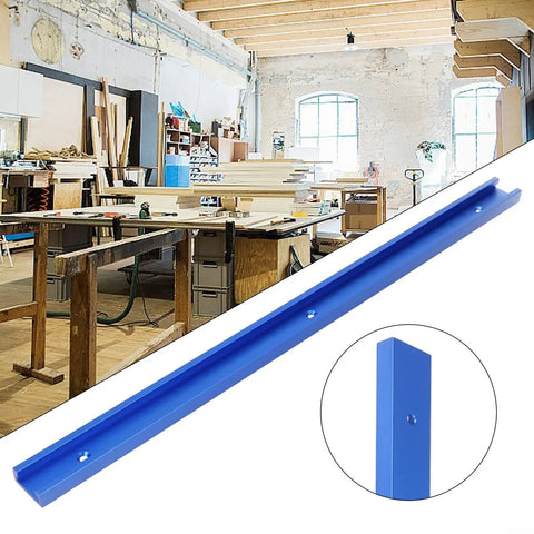 T-Track Miter Bar Slider Table For Woodworking, 30mm T-Slot Jig Track in blue, 500mm length, shown in a workshop setting.