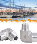 Two 304 stainless steel 1/4in NPT male-to-female 90-degree street elbows, 2-pack; front and side views.