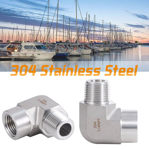 Two 304 stainless steel 1/4in NPT male-to-female 90-degree street elbows, 2-pack; front and side views.
