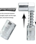 Front view of a chrome 90-degree grease gun adapter with knurled grip cap and visible spring.