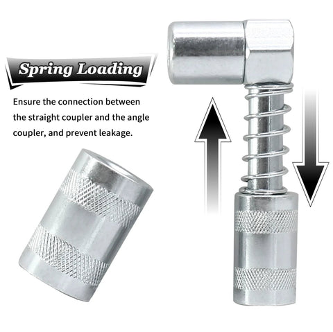 Front view of a chrome 90-degree grease gun adapter with knurled grip cap and visible spring.