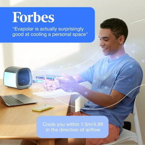 EvaCHILL Portable Air Conditioner Compact Personal Evaporative Cooler And Desk Fan on desk with man enjoying cool air