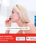 Woman using Alexa Compatible Smart LED Bulbs 100W Equivalent, 1500 Lumen Dimmable A19 Bluetooth Mesh Lighting for makeup