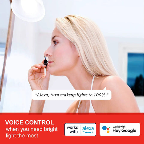 Woman using Alexa Compatible Smart LED Bulbs 100W Equivalent, 1500 Lumen Dimmable A19 Bluetooth Mesh Lighting for makeup