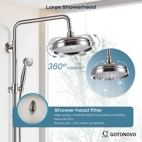 Exposed Shower Fixture System With 8 Inch Round Rainfall Shower Head Single Handle Dual Function Faucet Dope Brushed Nickel Finish