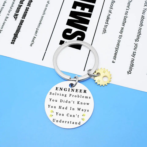 Engineering Keychain For Men with engraved quote and gear charm, 30mm silver round key ring, Dope Funny Gifts For Engineers design