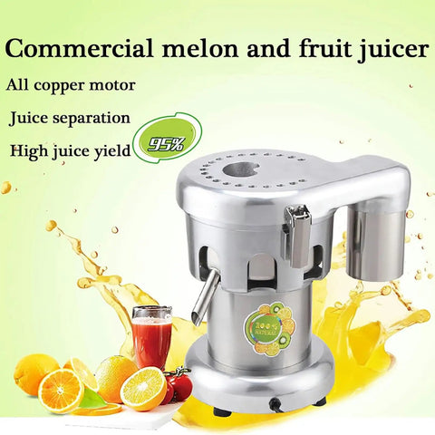 Heavy Duty Commercial Citrus Juicer Machine 370W Electric High Speed Extractor 2800 RPM in stainless steel with juice spout.