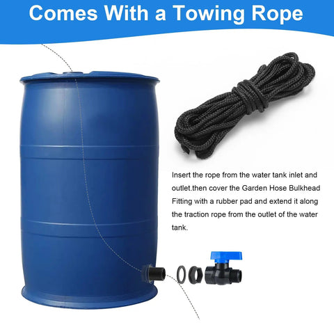 Rain Barrel Spigot Kit With Three Quarter Inch GHT Threads, Bulkhead Fittings, Garden Hose Faucet Ball Valve, Water Diverter For Rain Barrels, Tanks And Aquariums, No Fuss Install, Includes Adapters, Tape, And Rope, 2 Pack with blue tank and rope