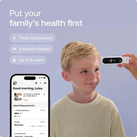 BeamO All In One Contactless Health Gadget With Thermometer ECG Monitor And Stethoscope And Fast Temperature Readings For Heart And Lung Tracking At Home Or On The Go in use with child