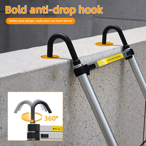 10.5 Foot Telescoping Ladder With Hook, Go-To Aluminum Folding Extension Ladder For Home And RV, Attic Or Garage, Multi Use Durable Aluminum Ladder With Easy Extend And Lock, Supports Up To 330 Lbs. ladder hook attached to concrete edge