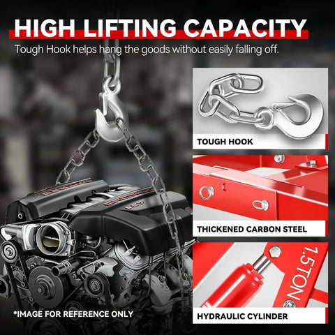 Two Ton Hydraulic Engine Hoist with Tough Hook and Hydraulic Cylinder for heavy lifts of engines and transmissions.