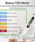 TDS meter showing test reference values for ice quality, accompanying the Countertop Nugget Ice Maker With 40 Lbs Per Day Capacity