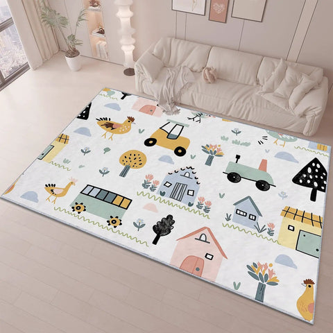 Machine Washable 4x6 Ft Large Area Rug Cartoon Farm Tractor Design in Living Room White Non Slip Floor Carpet