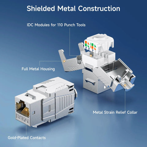 UL Listed Shielded Cat 8 RJ45 Keystone Jack 5 Pack with metal housing and gold-plated contacts, ideal for high-speed network connections.