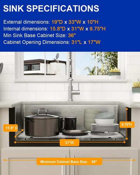 Undermount 33 Inch Stainless Steel Workstation Kitchen Sink Heavy-Duty 16 Gauge 304 Handmade Welded Construction With Accessories Round Corner Brushed Wear-Resistant Finish Deep Single Bowl Measures 33x19x10 Inches Model DCU7701 installed under counter with kitchen items in view