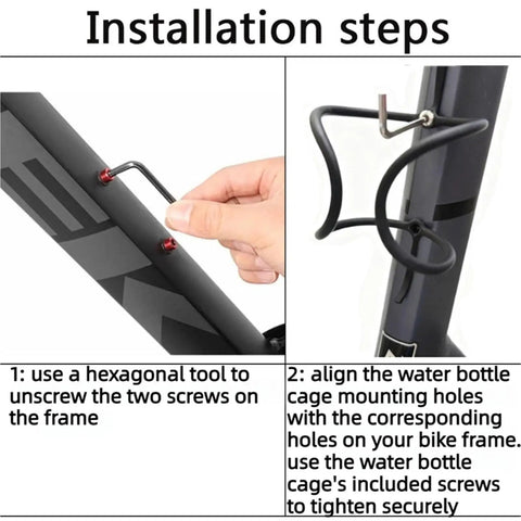 Installation steps for Ultralight Matte Carbon Fiber Water Bottle Cage For MTB And Road Bikes with frame and screws shown