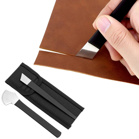 Two Piece Leather Edge Trimming Cutter Set For Skiving And Edge Cutting, Durable Manganese Steel Leather Craft Tools shown with carry bag
