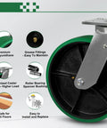Built Tough 12X3 Inch Heavy Duty Casters Pack Of 4 With Two Brakes And Two Swivels Rock Solid Kingpin Polyurethane Wheels close-up showing premium materials and features.