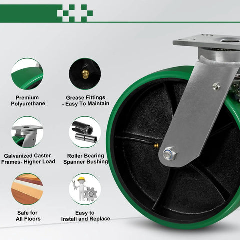 Built Tough 12X3 Inch Heavy Duty Casters Pack Of 4 With Two Brakes And Two Swivels Rock Solid Kingpin Polyurethane Wheels close-up showing premium materials and features.