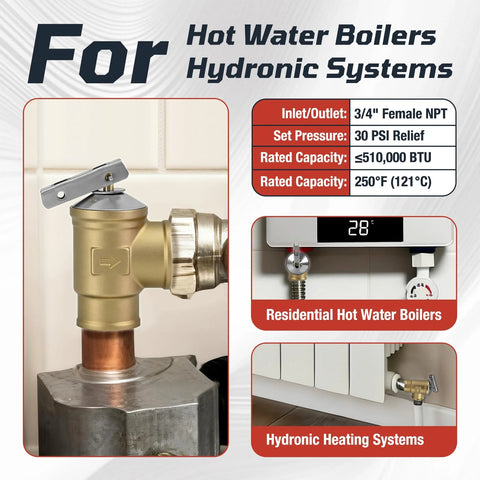 Installed brass 3/4 in FNPT pressure relief valve on copper pipe for hot water boiler systems