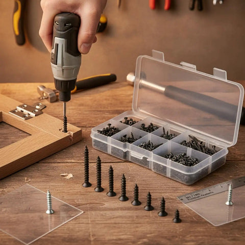 Self-Tapping Screw Set For Wood, Plastic And Thin Sheet Metal Repairs with Durable Storage Case in use on wood frame