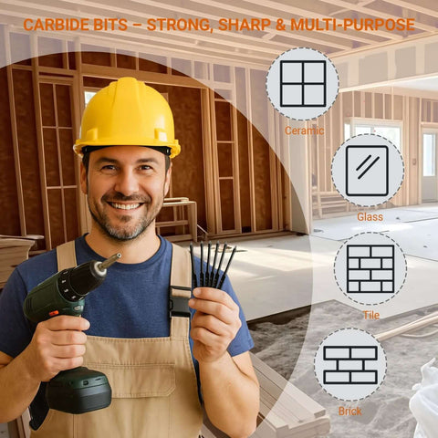 Hymnorq 3/16 in glass and tile drill bit set, 10pc, tungsten carbide tipped, 1/4 in hex shank for ceramic, tile, brick.
