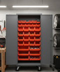 Rock Solid Industrial Mobile Steel Storage Cabinet 36 X 24 X 81 Inches with 30 red sorting bins organized for workshop use.