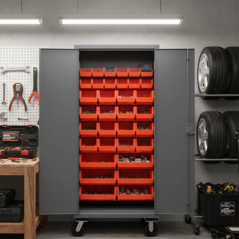 Rock Solid Industrial Mobile Steel Storage Cabinet 36 X 24 X 81 Inches with 30 red sorting bins organized for workshop use.