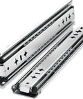 Heavy Duty Drawer Slides Set 250mm 300mm 450mm 1000mm One Pair With Ball Bearing Silently Glide, Rust Resistant Electroplated And Powder Coated Steel Rails For Smooth, Quiet, Long Lasting Drawers Ready To Roll. Two steel drawer slides with ball bearings, angled view