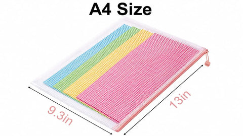 Colorful Four Pack A4 Mesh Zipper Bags With Water Resistant Zippers Durable Plastic Storage Pouches for office school travel