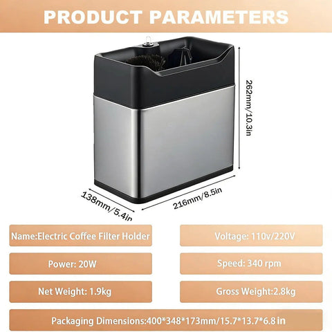 Electric Coffee Knock Box And Portafilter Cleaner With Dual Brush Heads, Automatic Filter Holder Scrubber, stainless steel design.