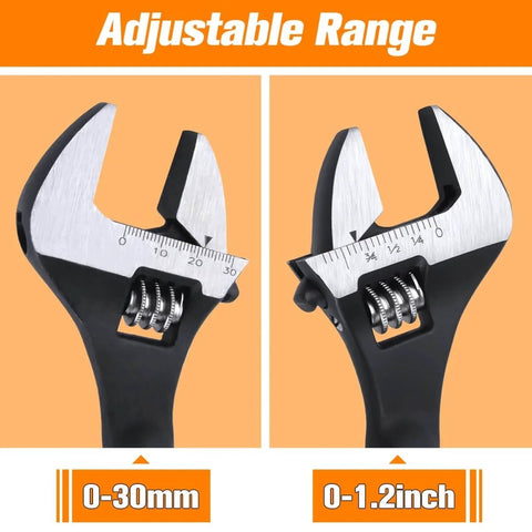 8 Inch Adjustable Spud Wrench with Black Oxide Finish Dual SAE and Metric Scale Up to 30mm Nuts and Bolts
