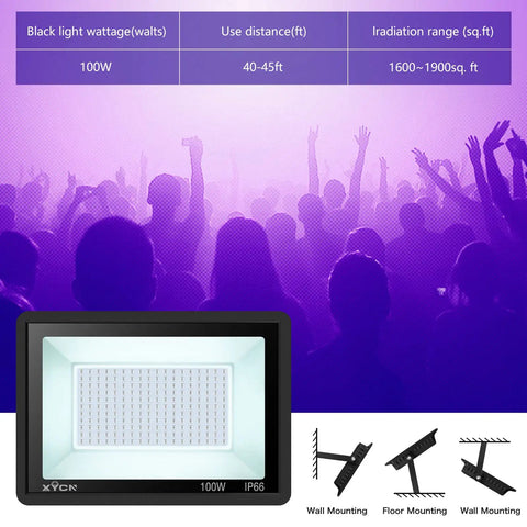 3 Pack 100W LED Black Light Flood Lights With Plug And Switch IP66 Waterproof Neon Glow for concerts