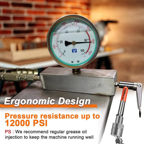 90 Degree Grease Gun Coupler With No Fuss 360 Degree Swivel And Quick Release 12000 PSI Fitting in use with pressure gauge