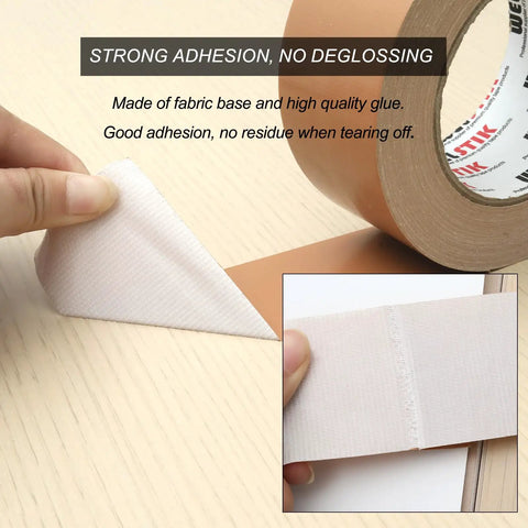 Workhorse Tan Duct Tape 2 Inch By 45 Yard Roll Waterproof Cloth Fabric Duct Tape For DIY Projects And Repairs Indoor Outdoor Use Strong Sticky Easy Tear Leaves No Residue Great For Pros And Hobbyists showing fabric tape adhesion and tear test