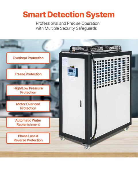 Front view of Air Cooled Water Chiller 5 Ton Portable Industrial Cooling Unit With 5HP Compressor 53L Stainless Steel Tank