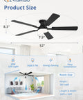Sleek 52 Inch Smart Ceiling Fan With RGB Smart Lighting And Wifi Voice Control Compatible With Alexa, showing product dimensions and design.